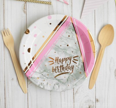 Тарелка бумажная Happy birthday, 17 см, розово-золотое тиснение 10 шт
